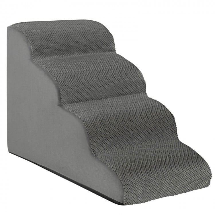 Gray 4-tier foam dog steps with non-slip surface, designed for easy pet access to beds and sofas.
